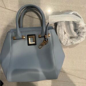 Structured Powder Blue Mini Top-Handle Bag with Gold Accents